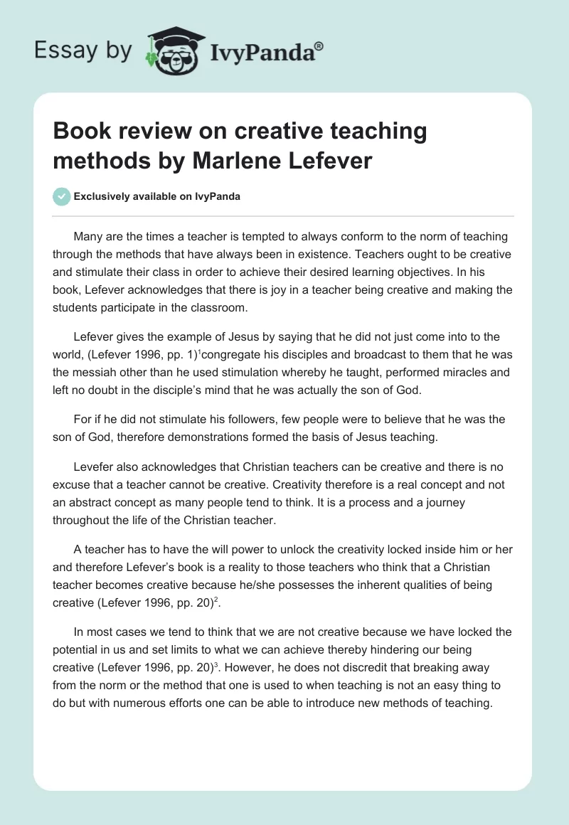 Book review on creative teaching methods by Marlene Lefever. Page 1