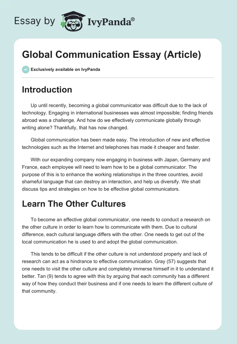 Global Communication Essay (Article). Page 1