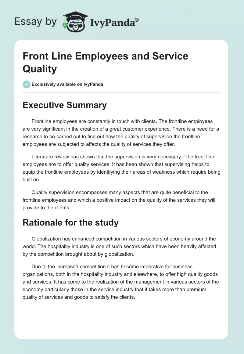 Front Line Employees and Service Quality. Page 1
