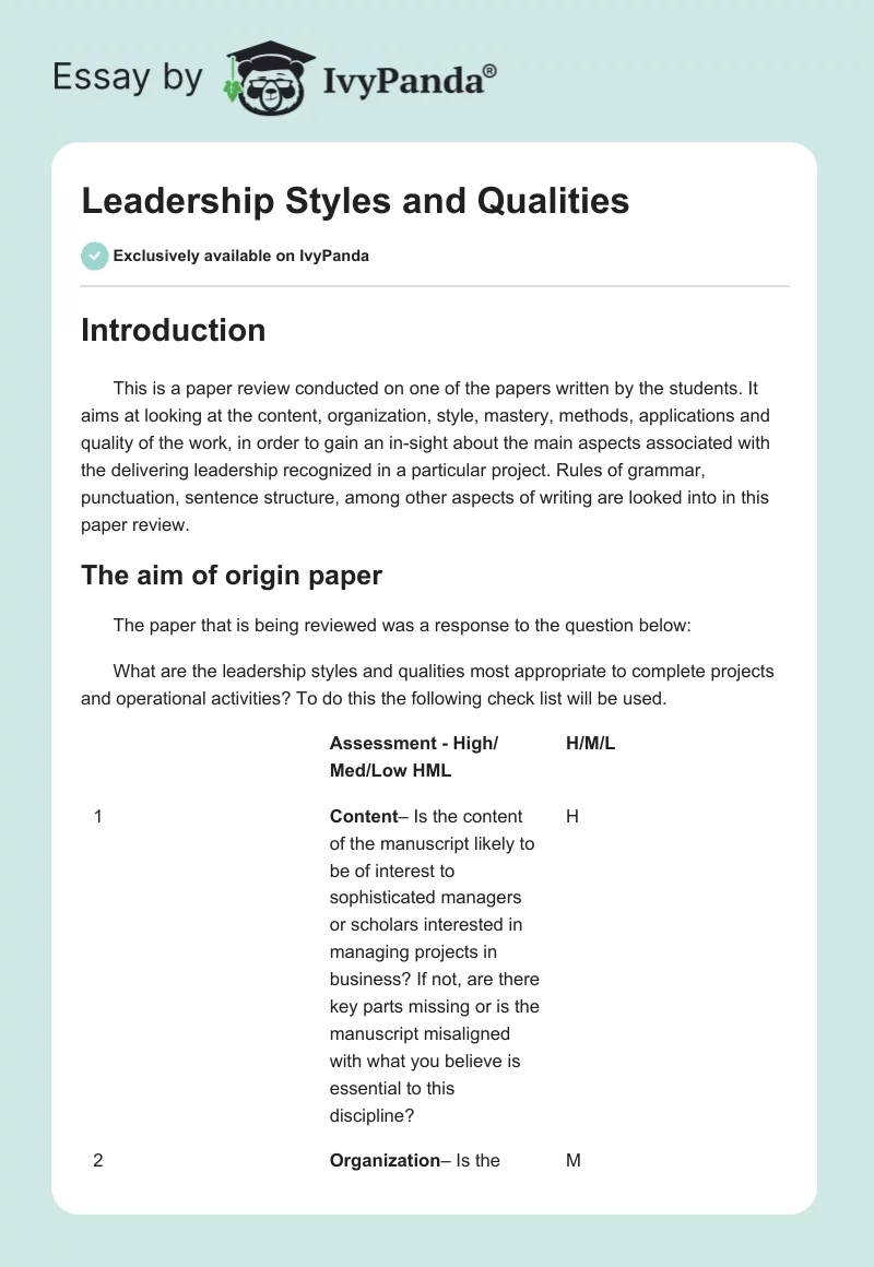 Leadership Styles and Qualities. Page 1