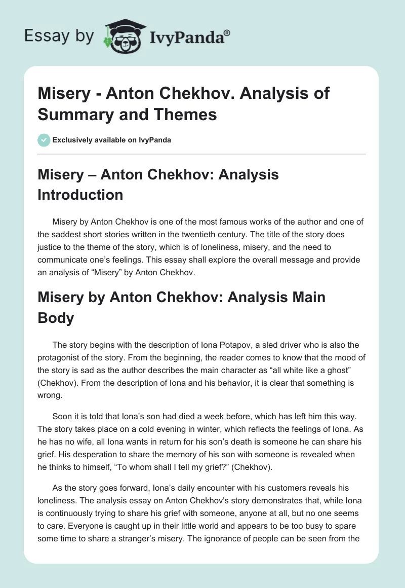 Misery - Anton Chekhov. Analysis of Summary and Themes. Page 1
