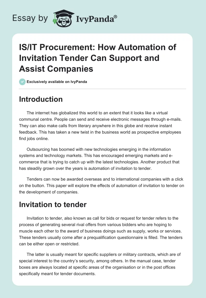 IS/IT Procurement: How Automation of Invitation Tender Can Support and Assist Companies. Page 1