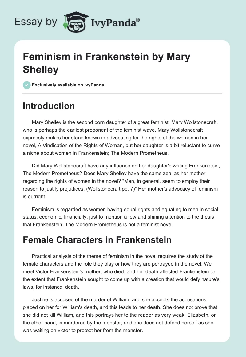 Feminism in Frankenstein by Mary Shelley. Page 1
