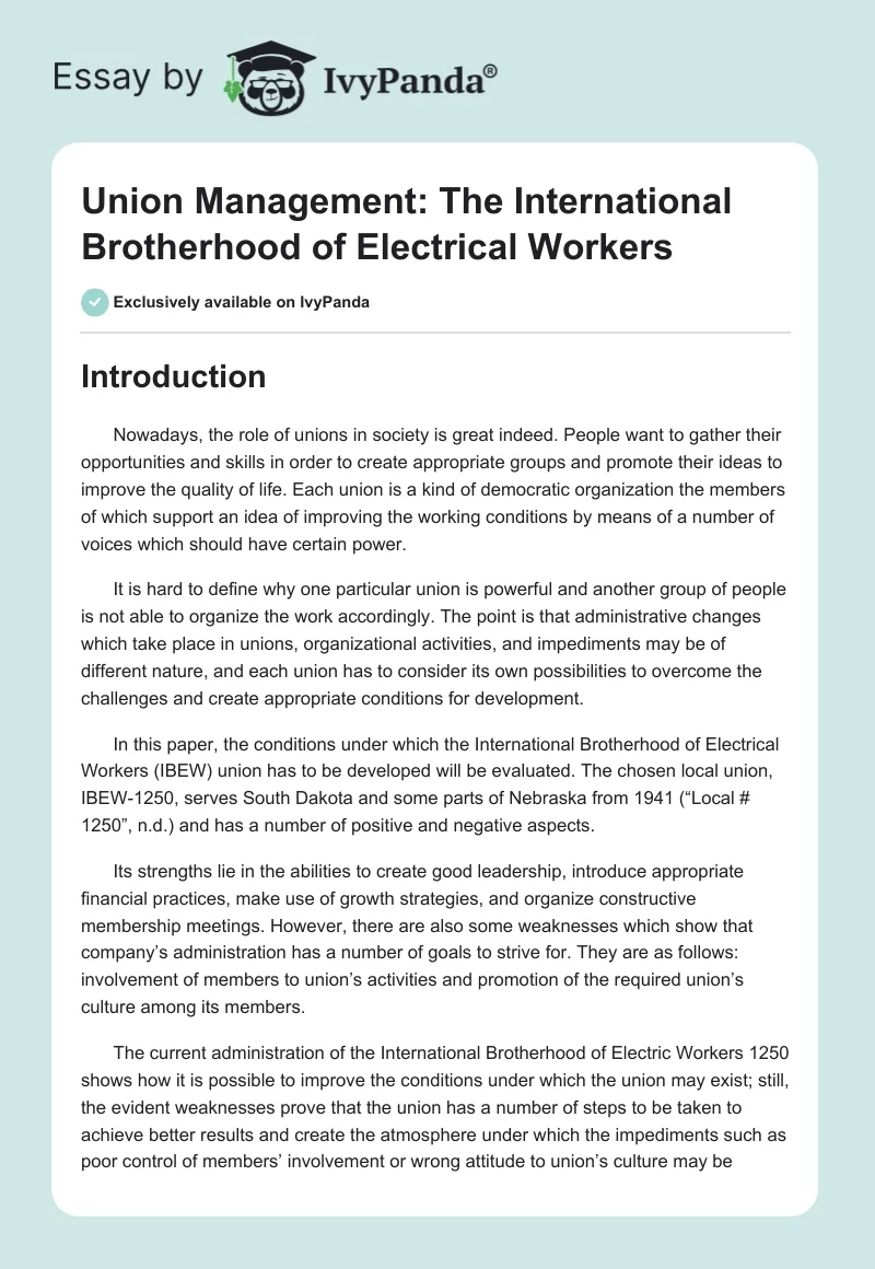 Union Management: The International Brotherhood of Electrical Workers. Page 1