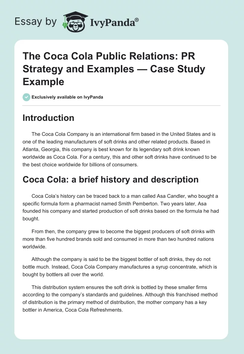 The Coca Cola Public Relations: PR Strategy and Examples — Case Study Example. Page 1