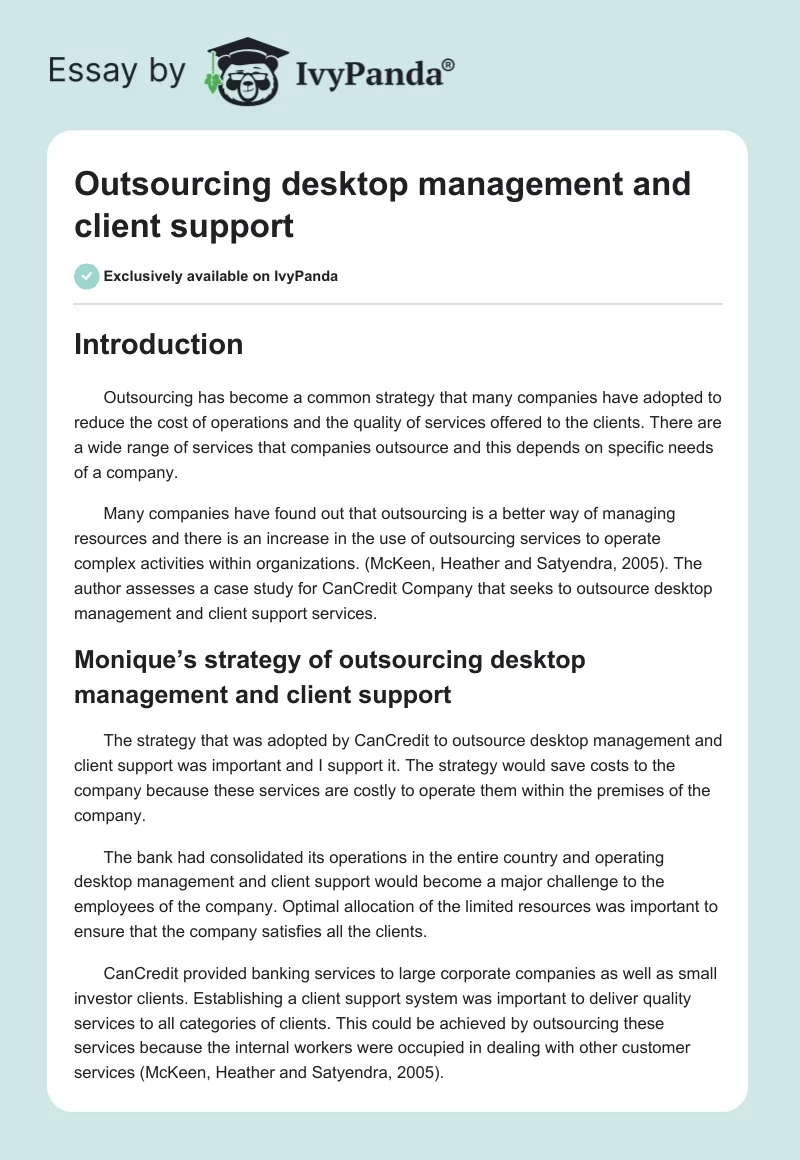Outsourcing Desktop Management and Client Support. Page 1