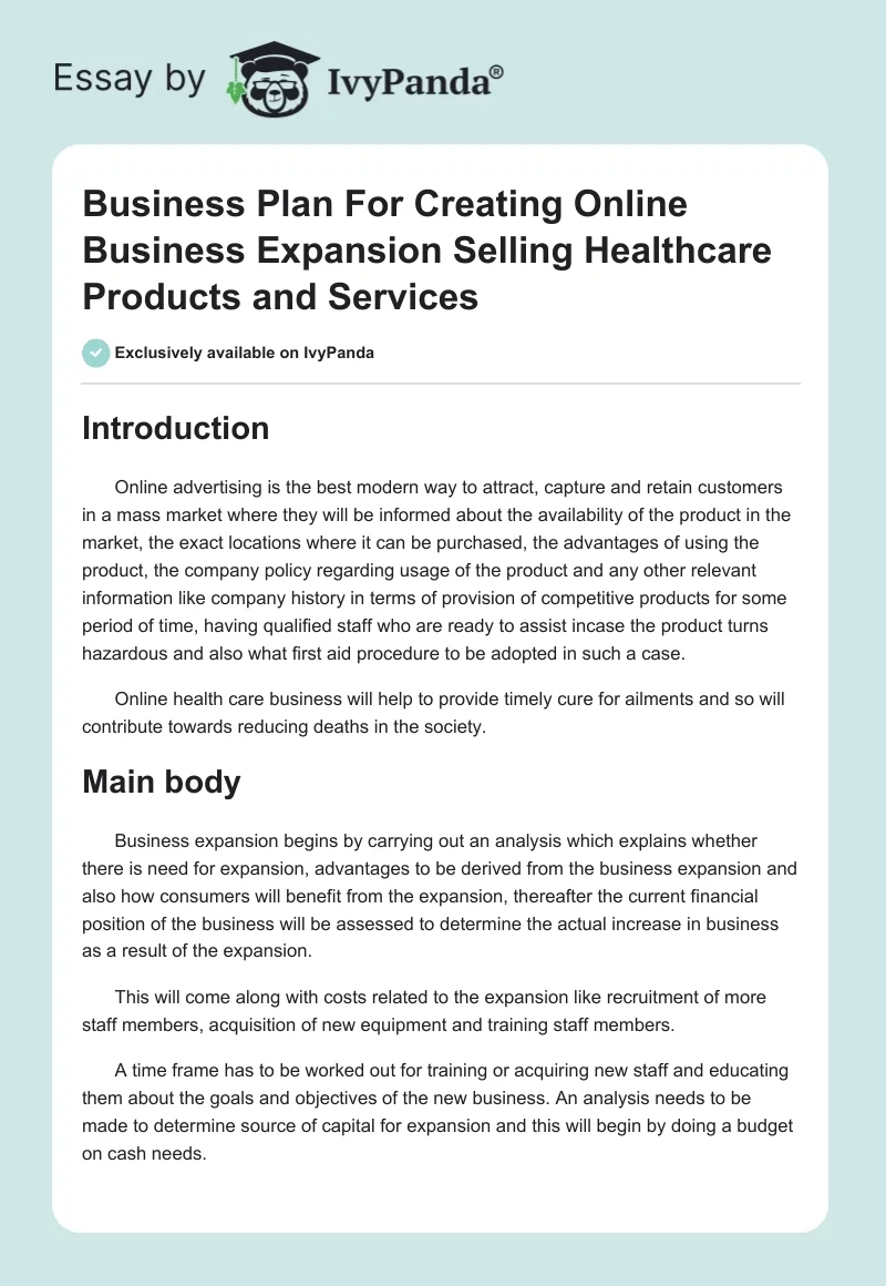 Business Plan For Creating Online Business Expansion Selling Healthcare Products and Services. Page 1
