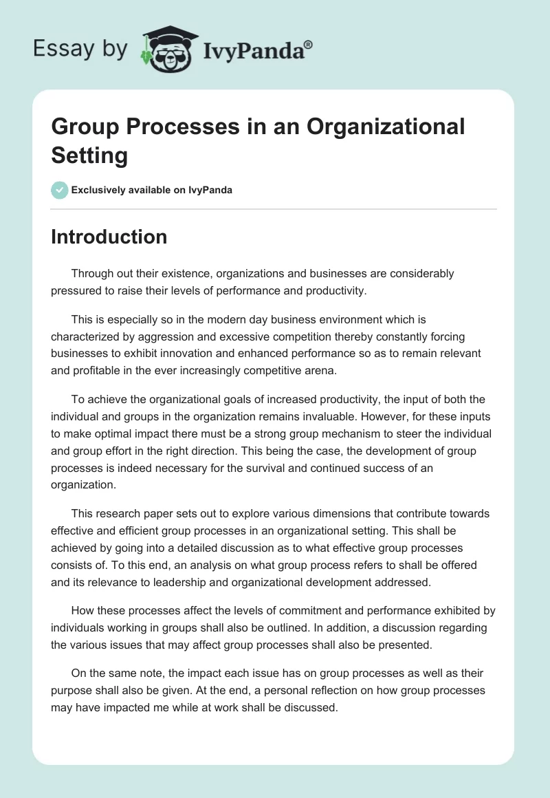 Group Processes in an Organizational Setting. Page 1