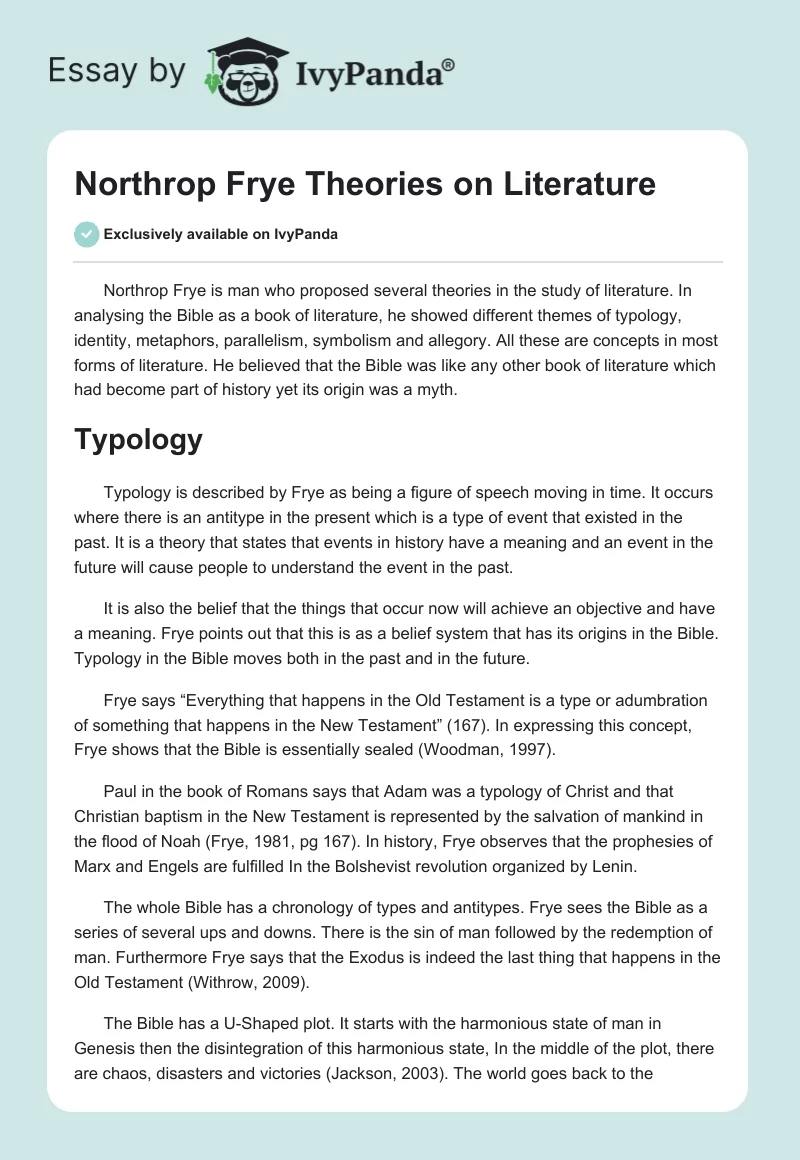 Northrop Frye Theories on Literature. Page 1
