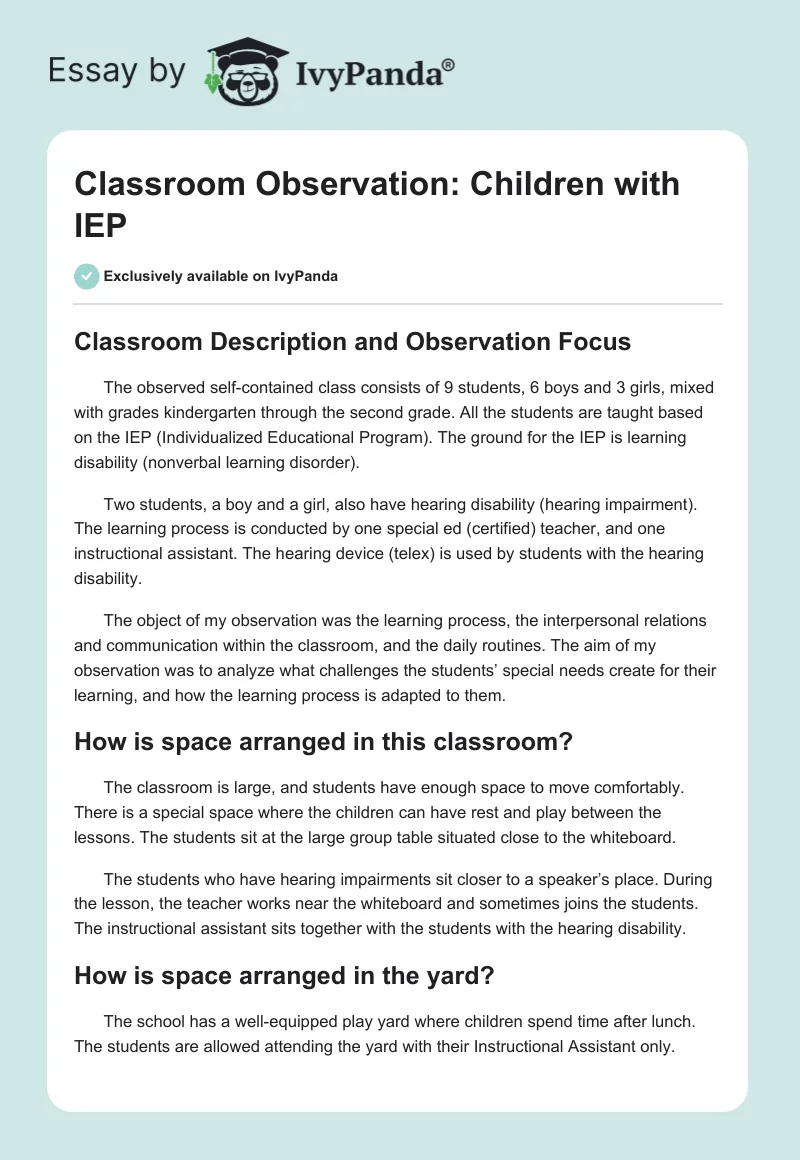 Special Education Observation Example Report. Page 1