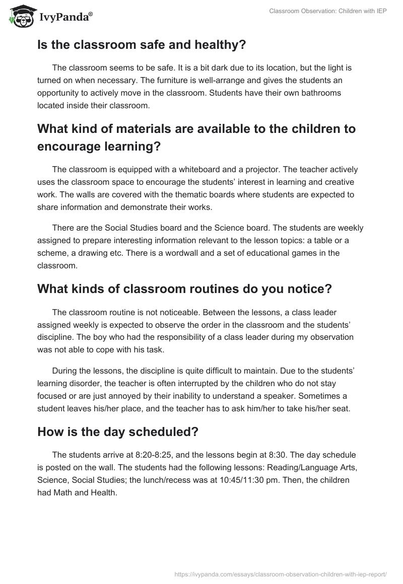 Special Education Observation Example Report. Page 2