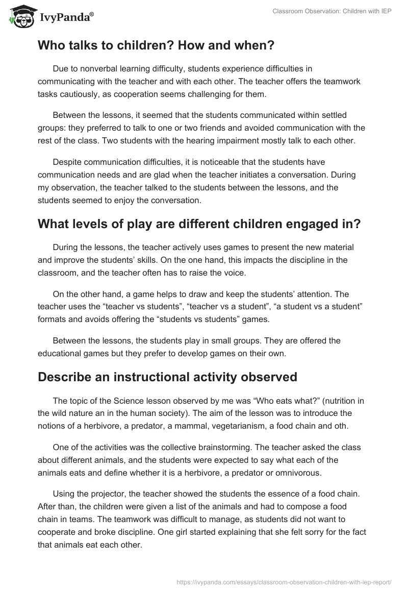 Special Education Observation Example Report. Page 3