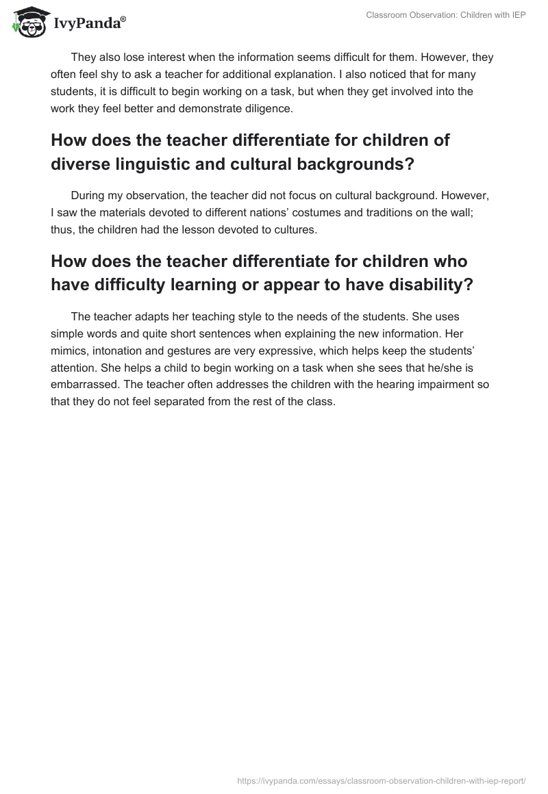 Special Education Observation Example Report. Page 5