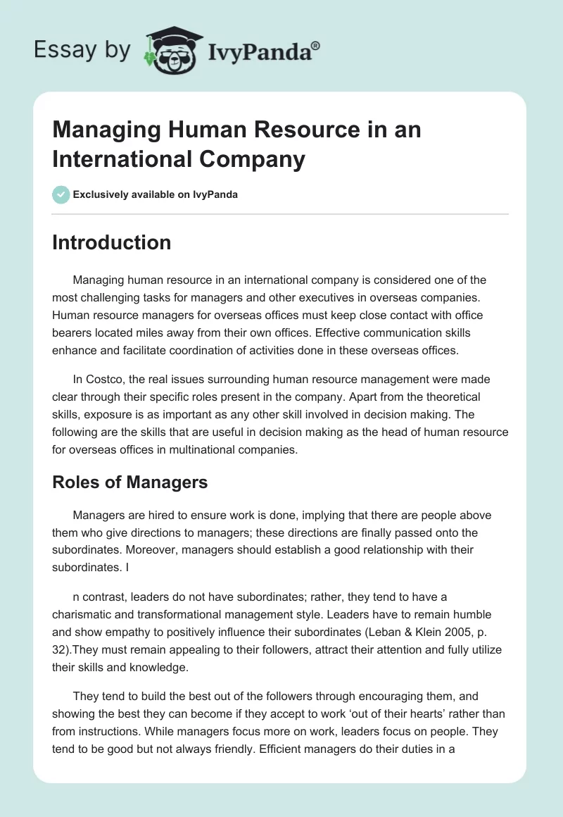 Managing Human Resource in an International Company. Page 1