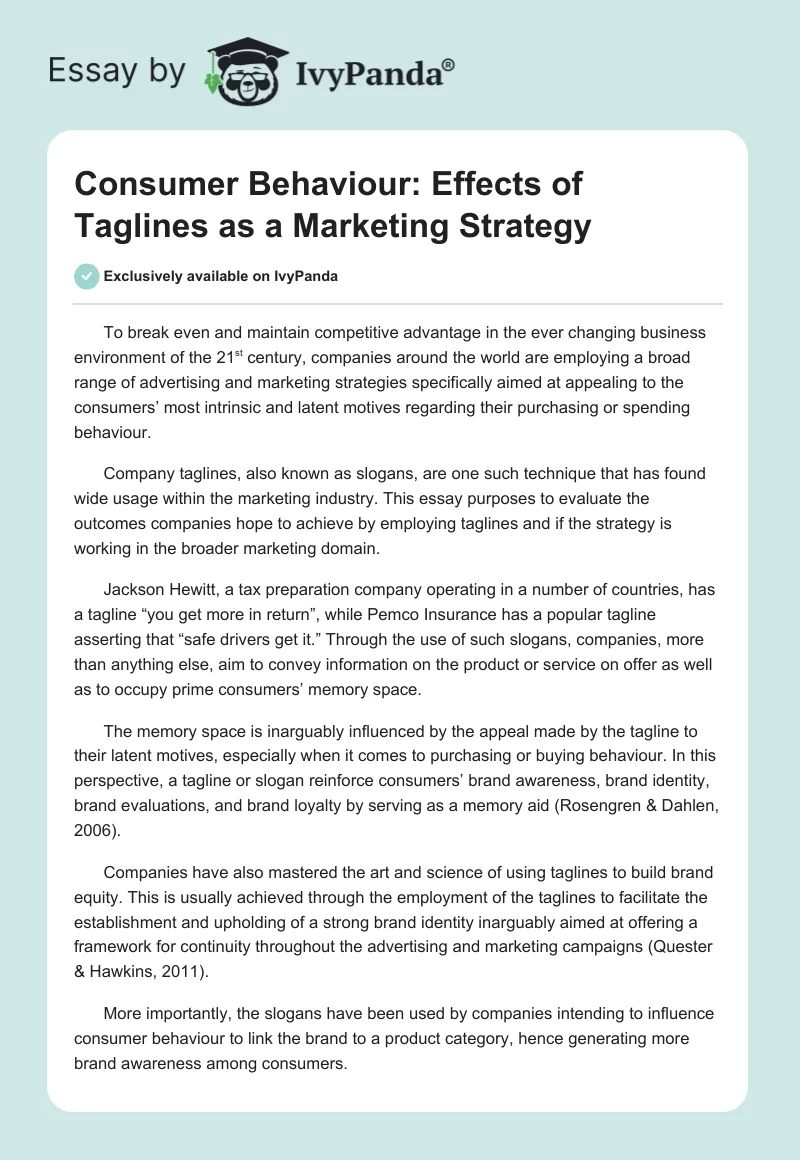 Consumer Behaviour: Effects of Taglines as a Marketing Strategy. Page 1