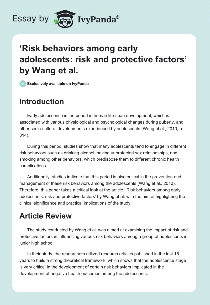 ‘Risk behaviors among early adolescents: risk and protective factors’ by Wang et al.. Page 1