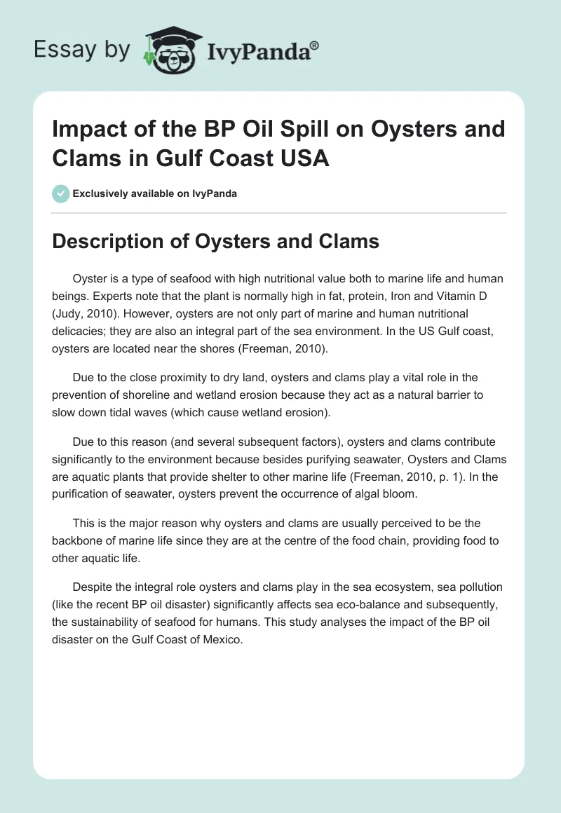 Impact of the BP Oil Spill on Oysters and Clams in Gulf Coast USA. Page 1
