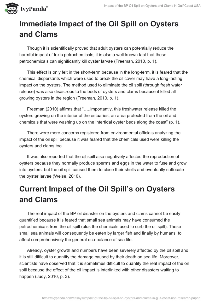 Impact of the BP Oil Spill on Oysters and Clams in Gulf Coast USA. Page 2