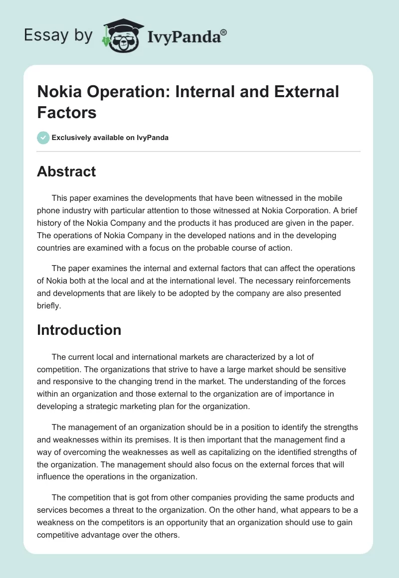 Nokia Operation: Internal and External Factors. Page 1