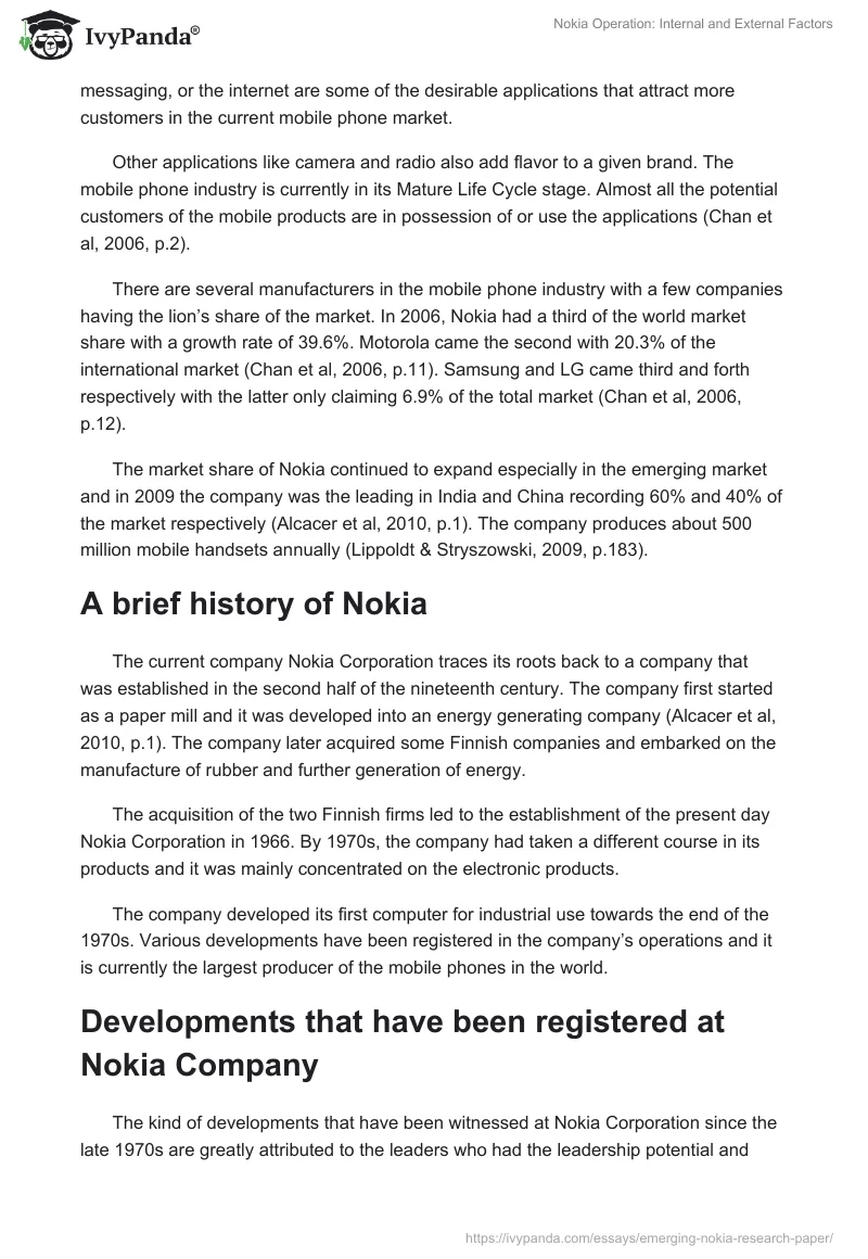 Nokia Operation: Internal and External Factors. Page 4