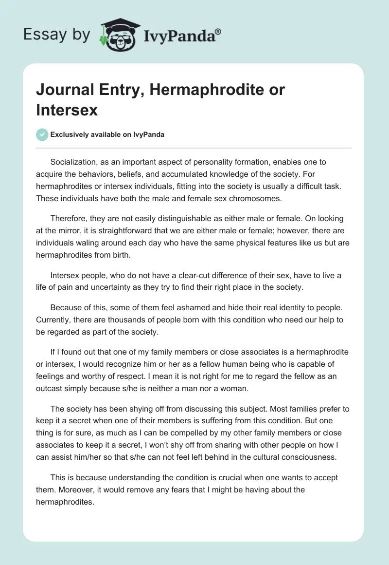 Journal Entry, Hermaphrodite or Intersex. Page 1