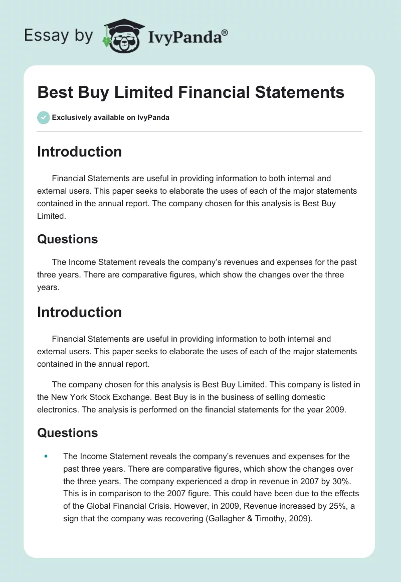 Best Buy Limited Financial Statements. Page 1