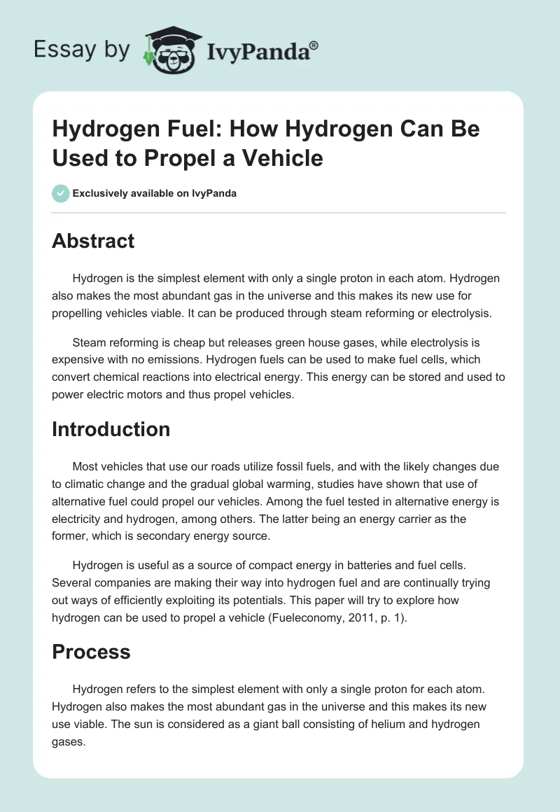 Hydrogen Fuel: How Hydrogen Can Be Used to Propel a Vehicle. Page 1