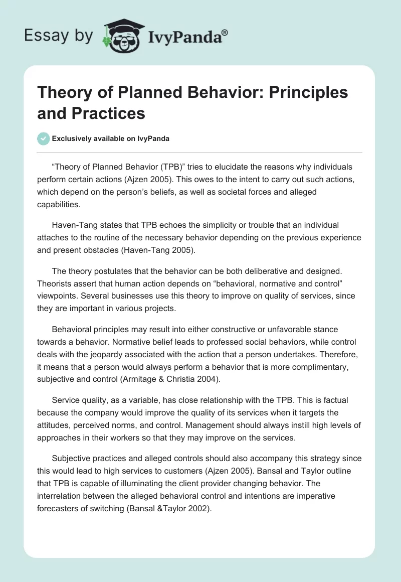 Theory of Planned Behavior: Principles and Practices. Page 1