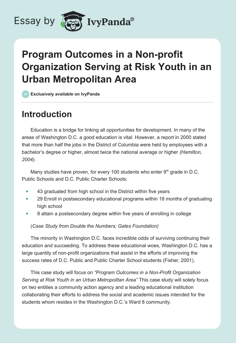 Program Outcomes in a Non-Profit Organization Serving at Risk Youth in an Urban Metropolitan Area. Page 1