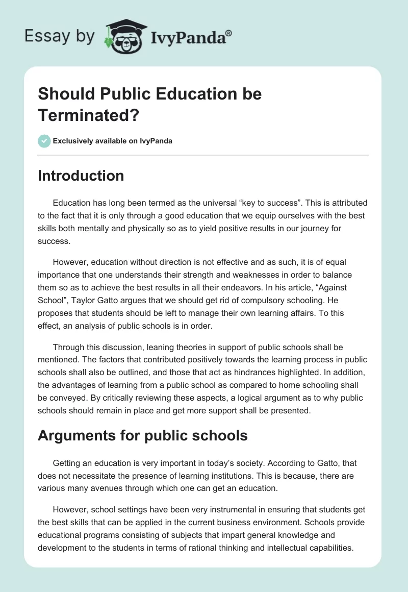 Should Public Education be Terminated?. Page 1