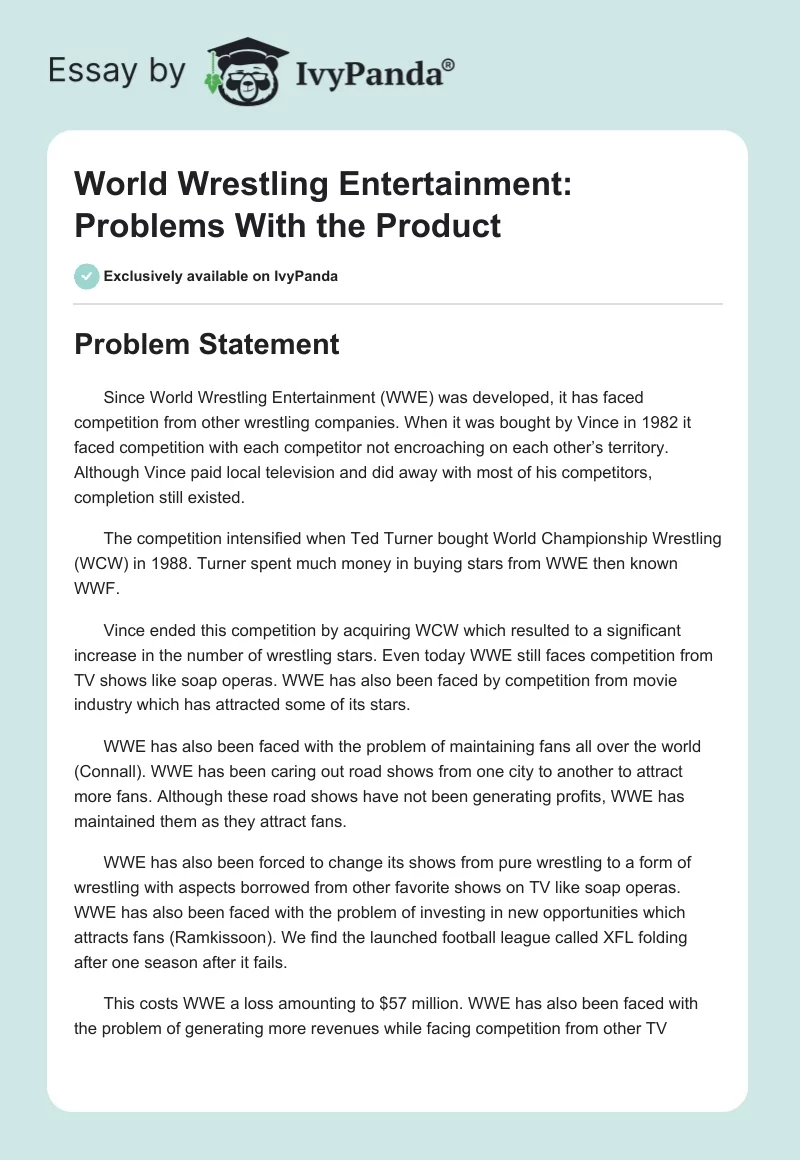 World Wrestling Entertainment: Problems With the Product. Page 1