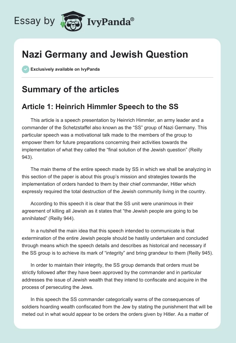 Nazi Germany and Jewish Question. Page 1