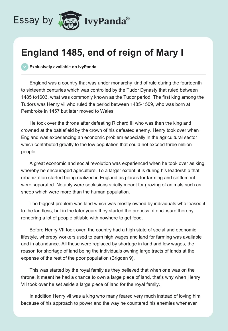 England 1485, end of reign of Mary I. Page 1
