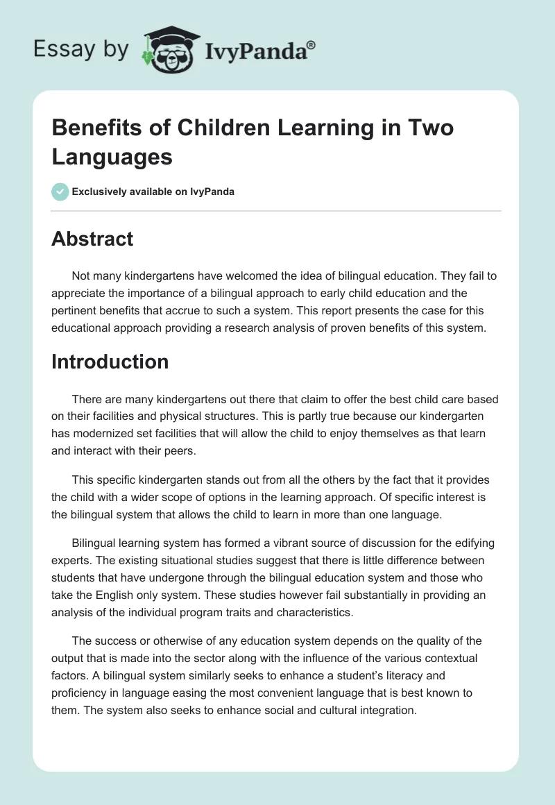 Benefits of Children Learning in Two Languages. Page 1