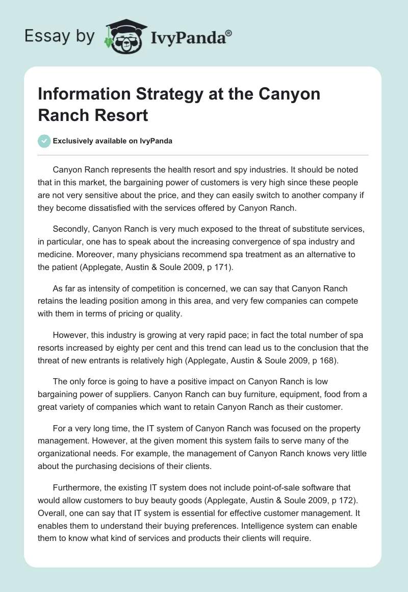 Information Strategy at the Canyon Ranch Resort. Page 1