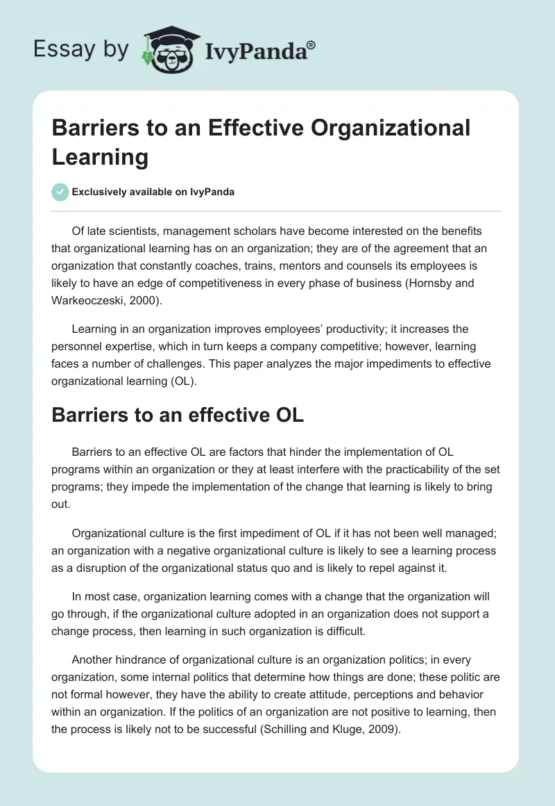 Barriers to an Effective Organizational Learning. Page 1