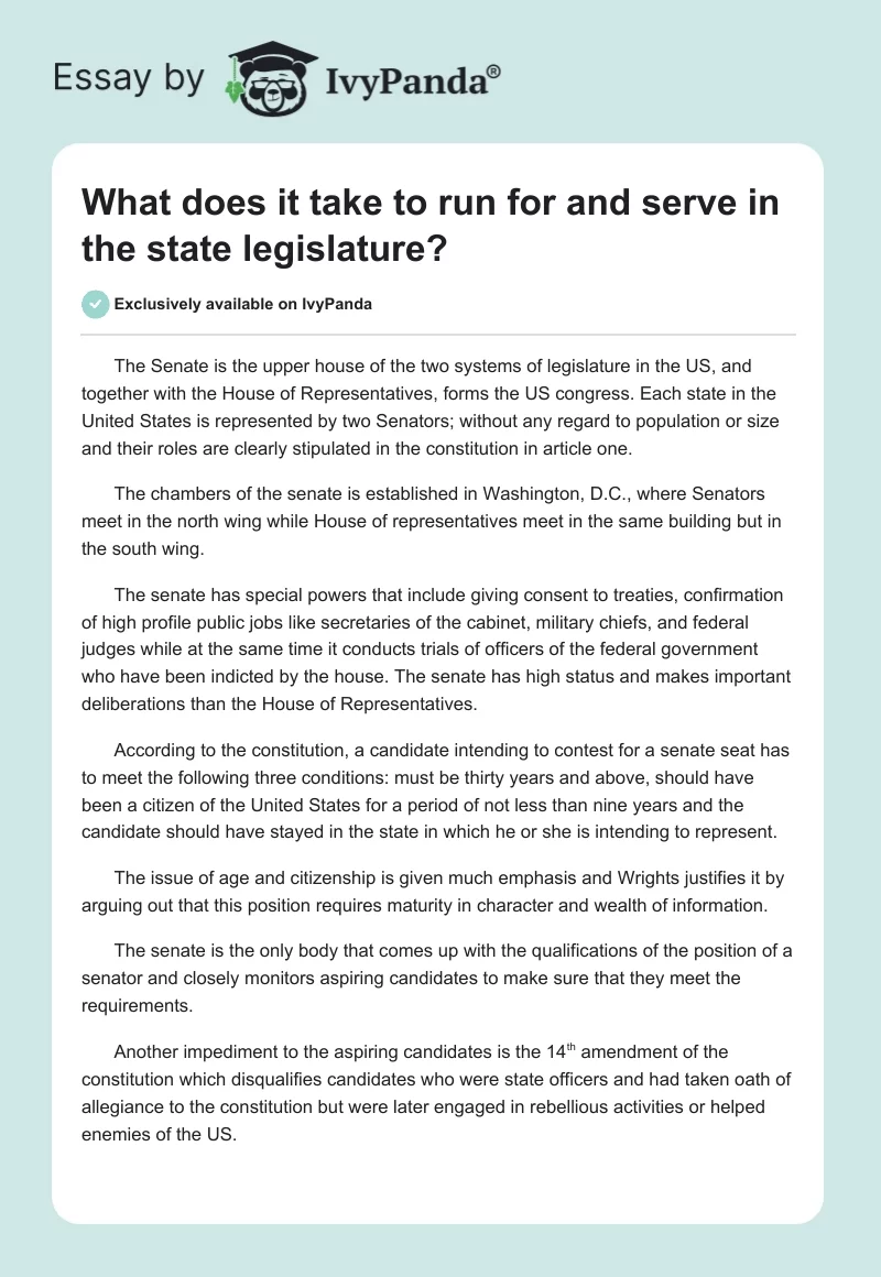 What does it take to run for and serve in the state legislature?. Page 1