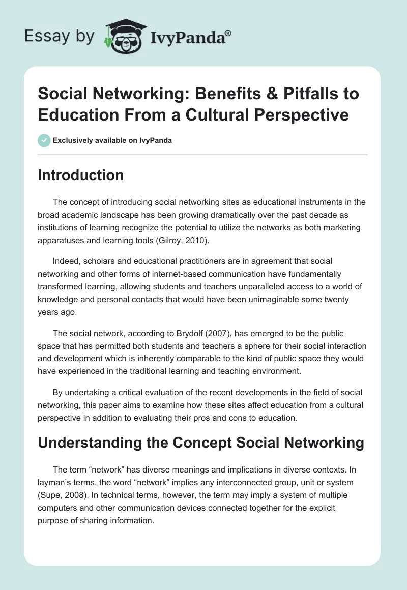 Social Networking: Benefits & Pitfalls to Education From a Cultural Perspective. Page 1