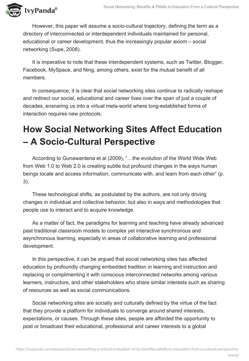 Social Networking: Benefits & Pitfalls to Education From a Cultural Perspective. Page 2