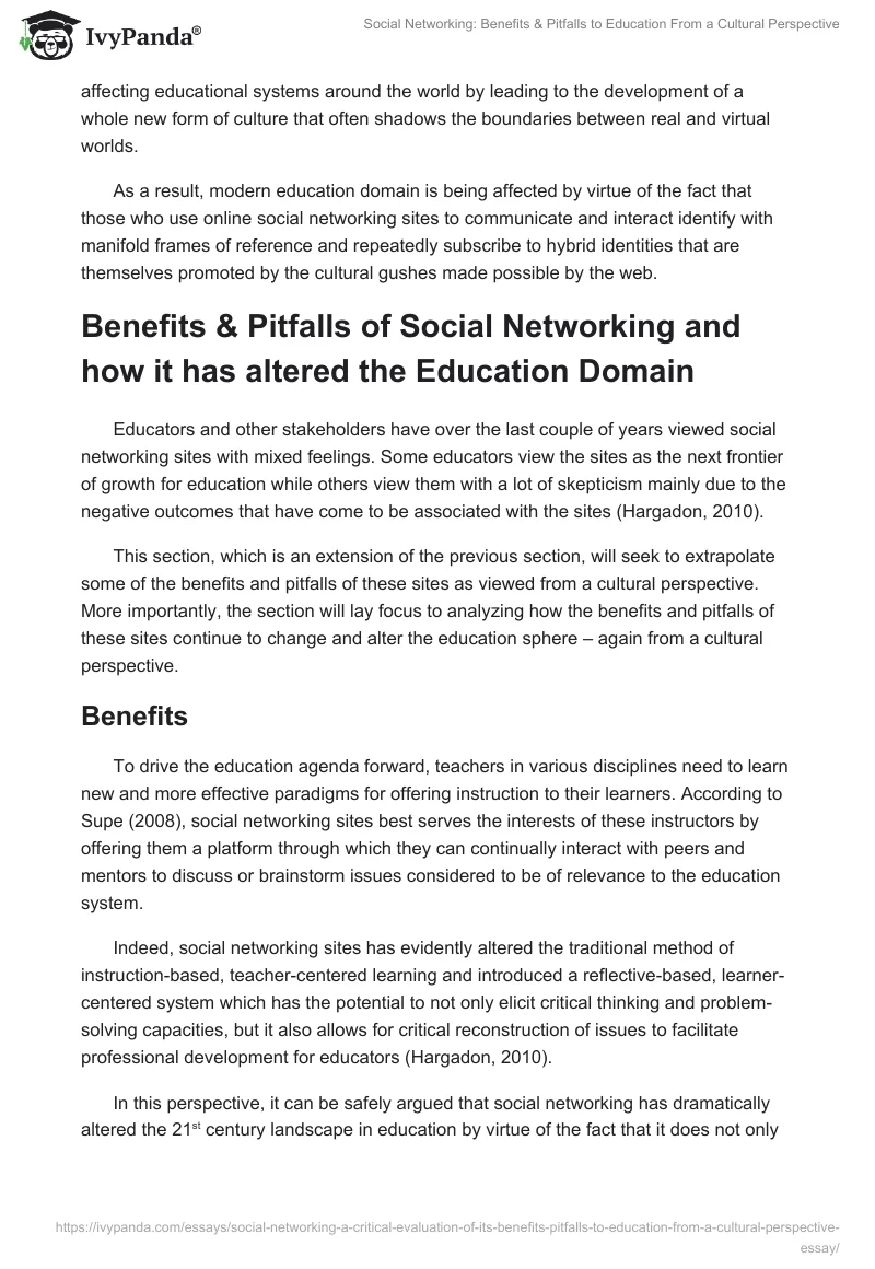Social Networking: Benefits & Pitfalls to Education From a Cultural Perspective. Page 4
