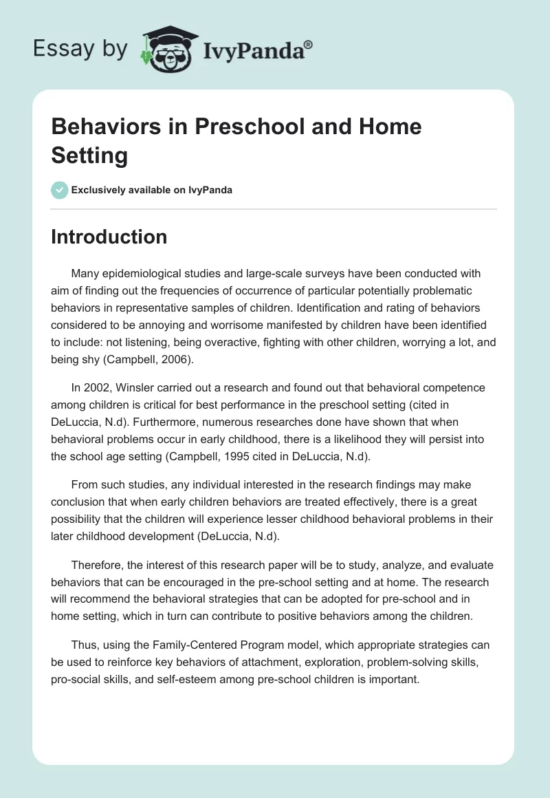 Behaviors in Preschool and Home Setting. Page 1