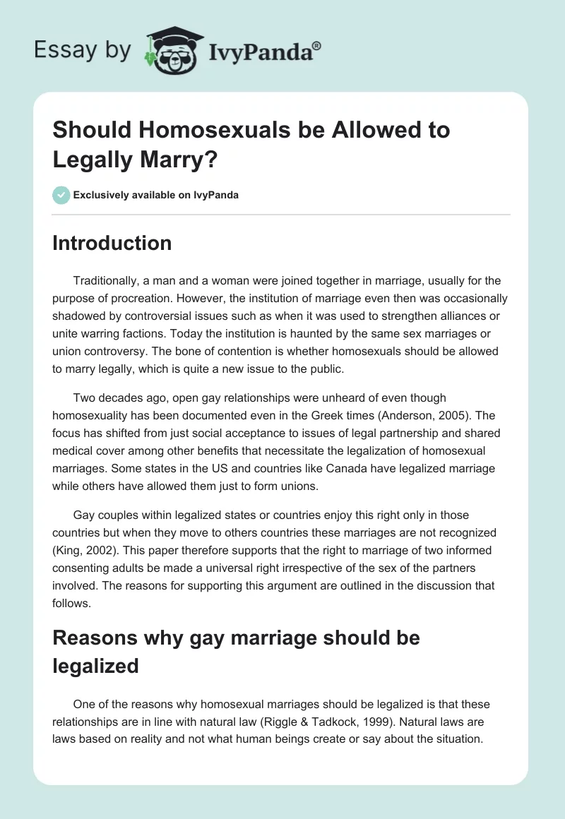 Should Homosexuals be Allowed to Legally Marry?. Page 1