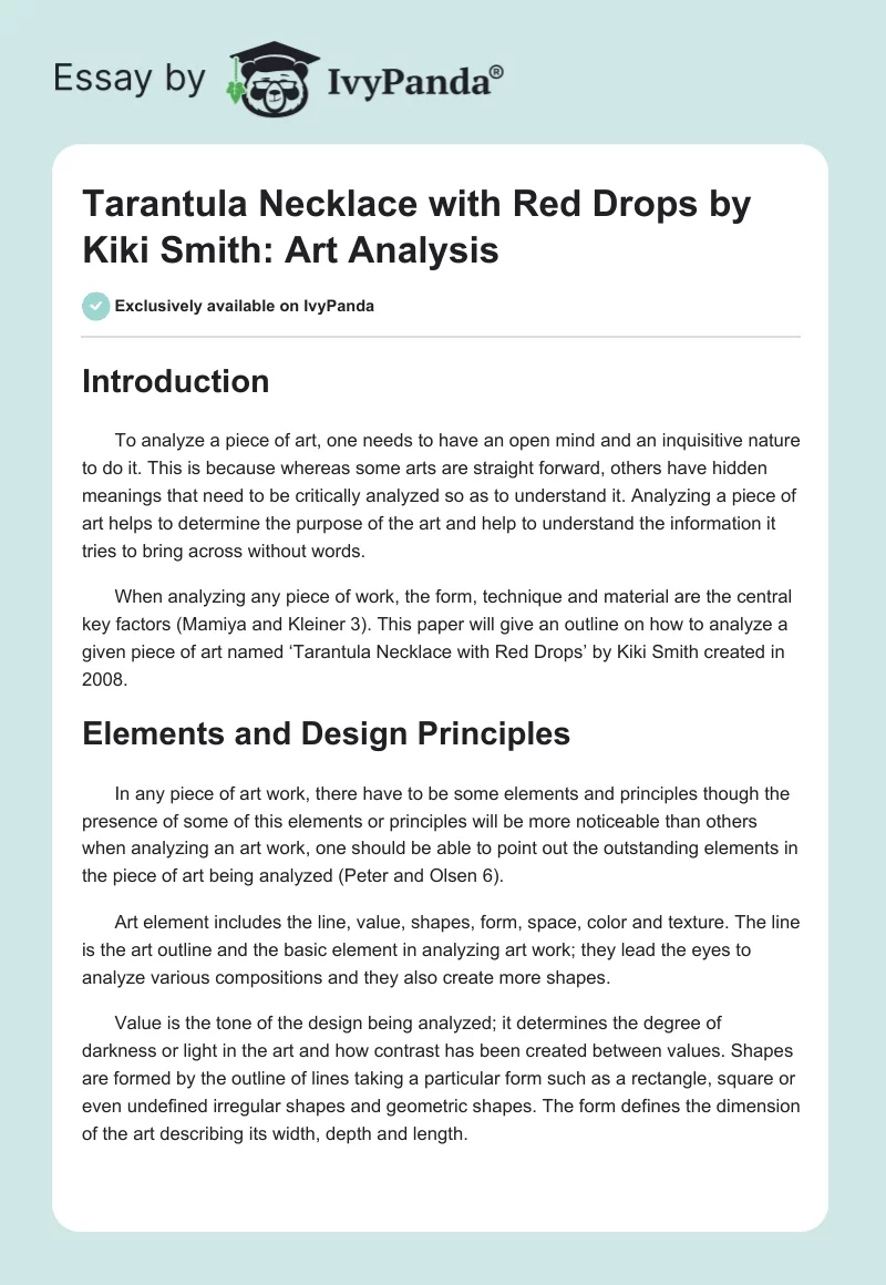 "Tarantula Necklace with Red Drops" by Kiki Smith: Art Analysis. Page 1