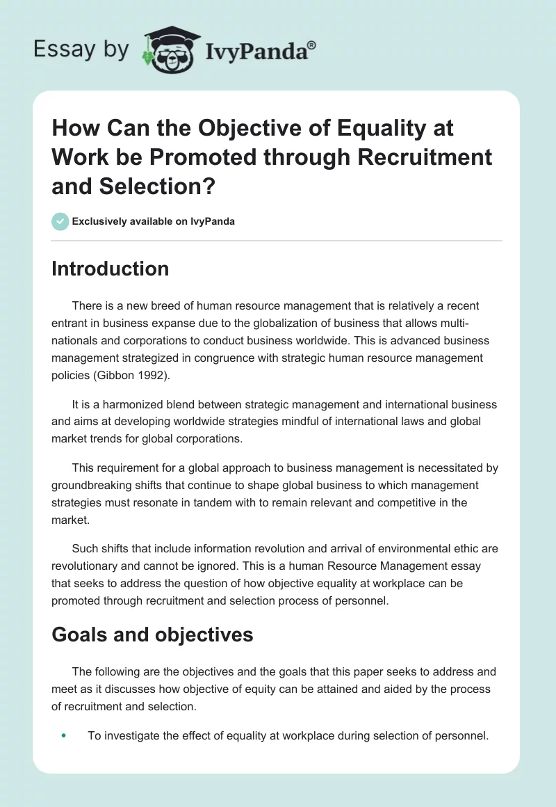 How Can the Objective of Equality at Work be Promoted through Recruitment and Selection?. Page 1
