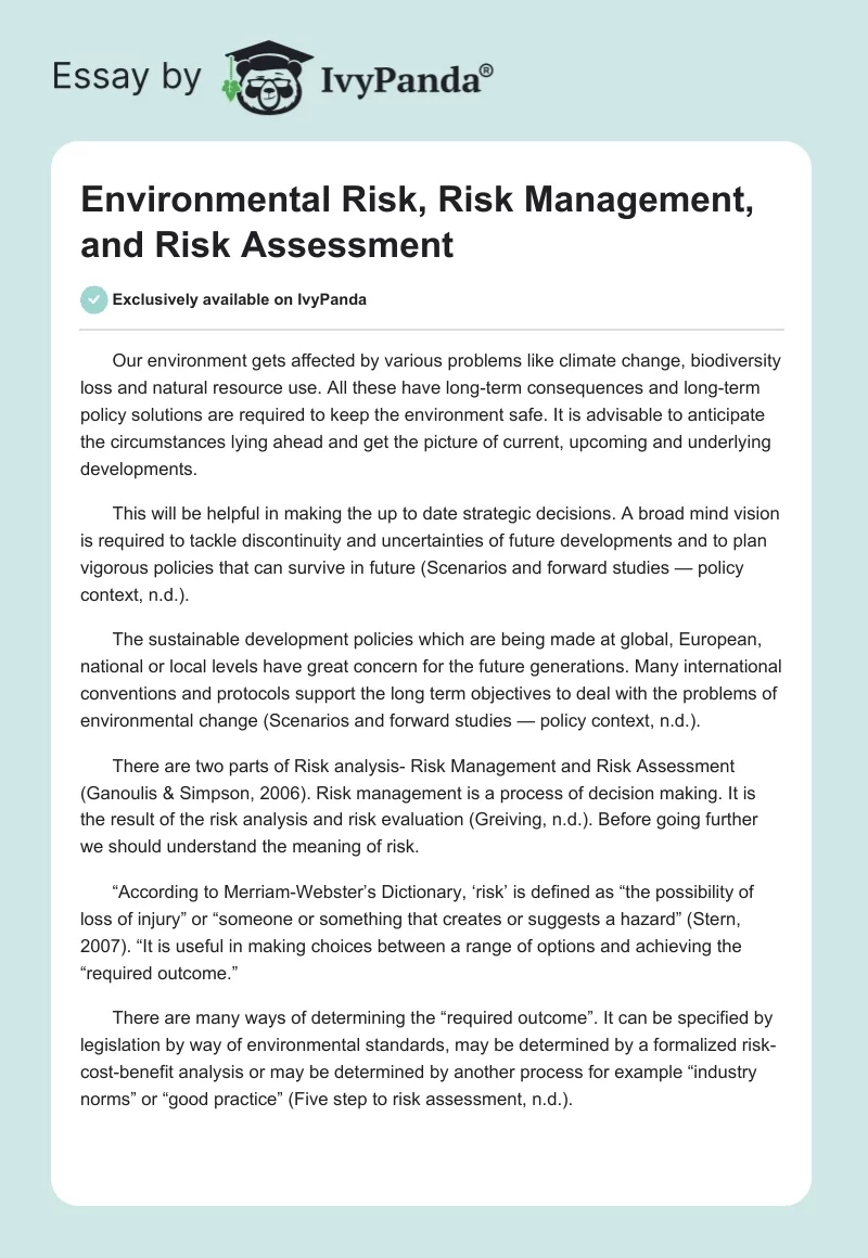 Environmental Risk, Risk Management, and Risk Assessment. Page 1