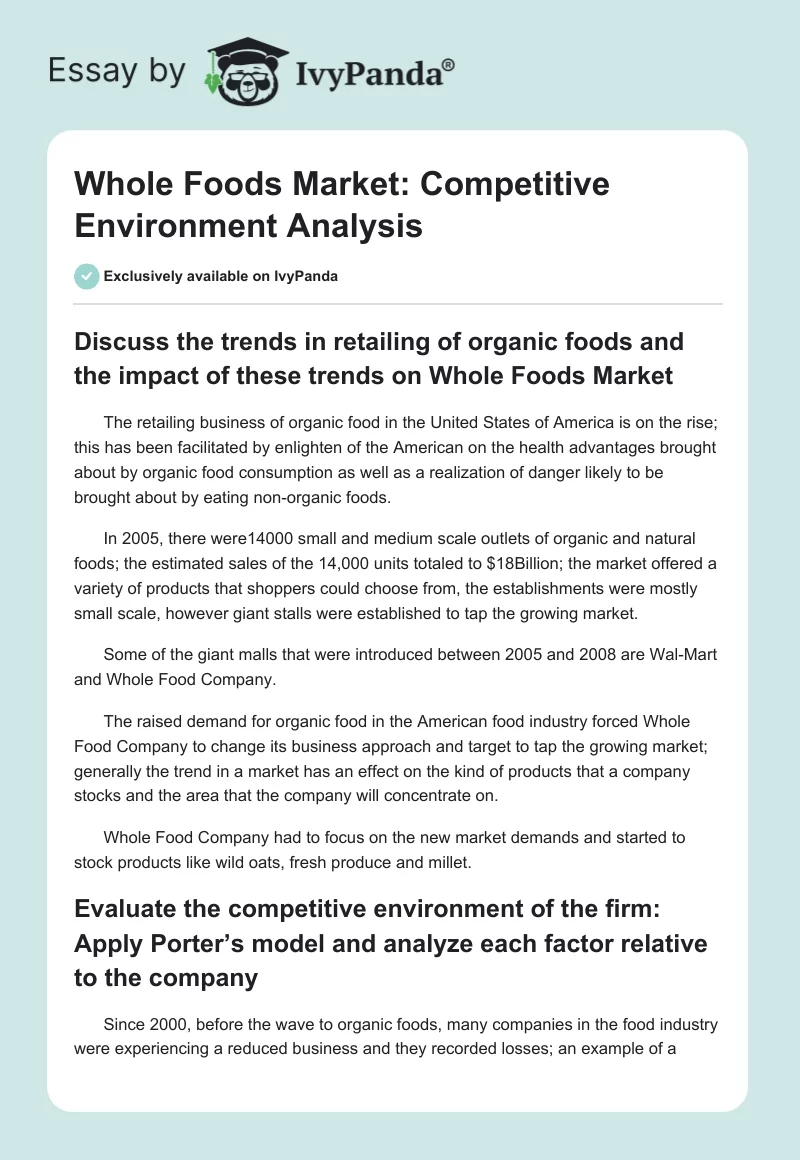 Whole Foods Market: Competitive Environment Analysis. Page 1