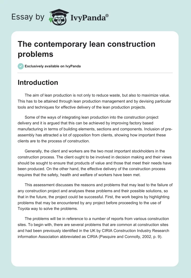 The Contemporary Lean Construction Problems. Page 1