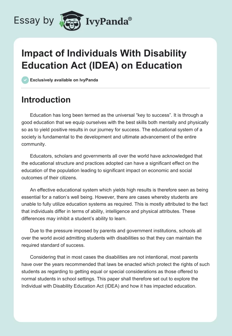 Impact of Individuals With Disability Education Act (IDEA) on Education. Page 1