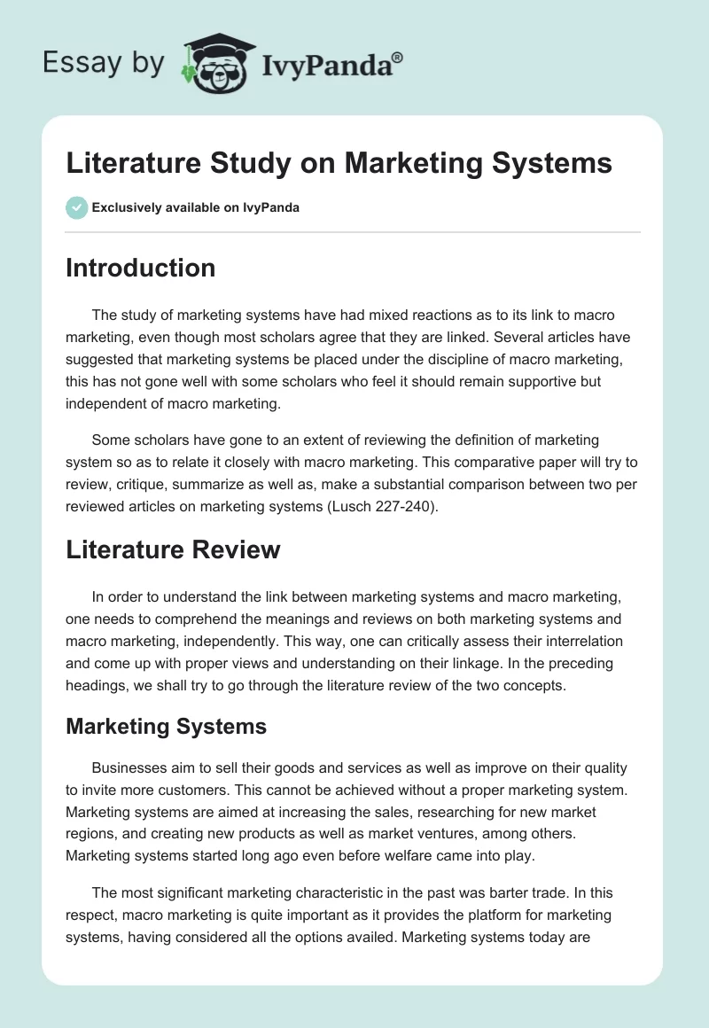 Literature Study on Marketing Systems. Page 1