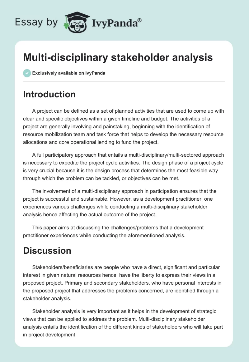 Multi-disciplinary stakeholder analysis. Page 1